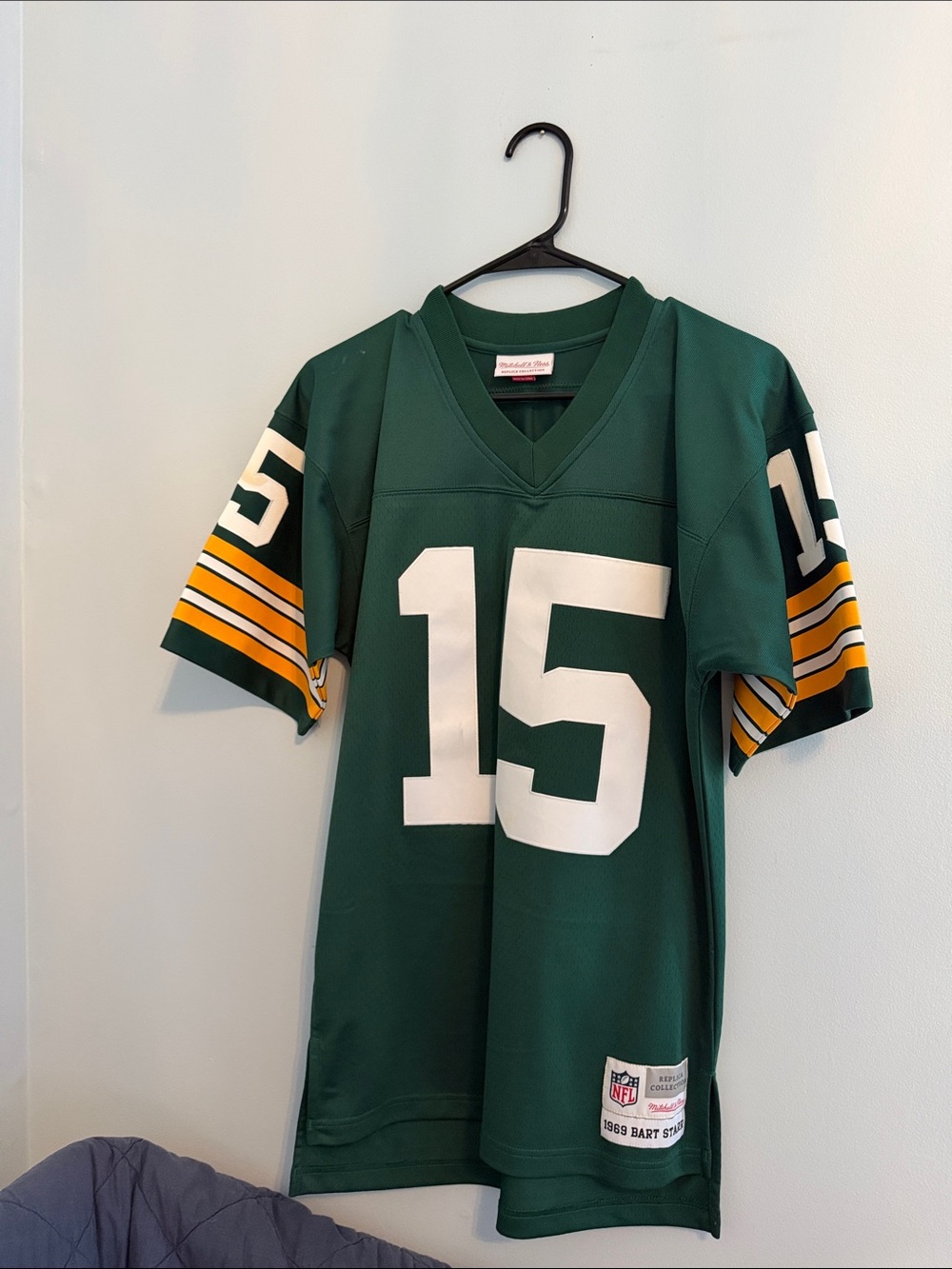 Mitchell & Ness Green White #15 Football Jersey with Gold Sleeve Stripes